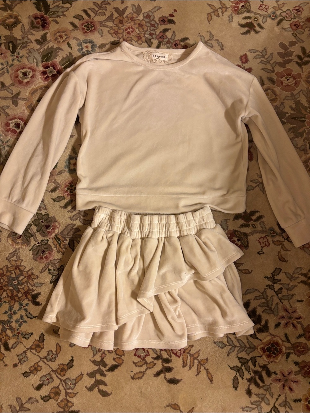 btween Cream Long-Sleeve Top and Ruffled Skirt Set